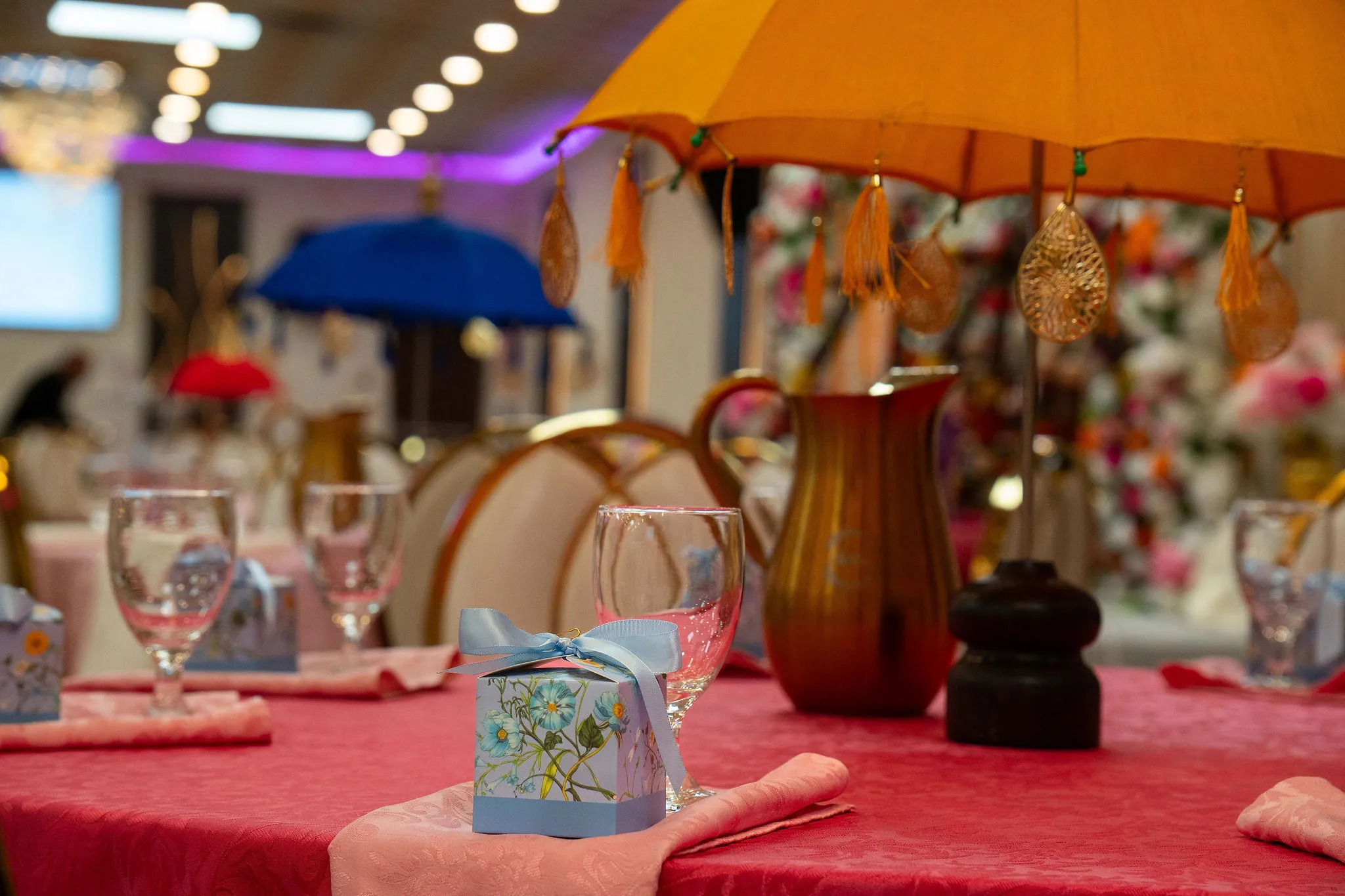 Colourful mehndi night setup at a banquet venue in Mississauga