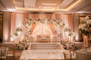 Decorated engagement party stage with floral backdrop and warm lighting at a banquet hall in Mississauga