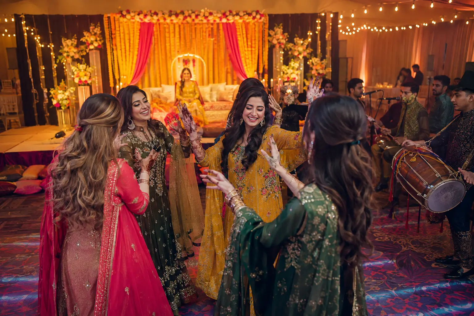 Colourful Mehndi night celebration setup with stage decor and lighting at a banquet hall in Mississauga