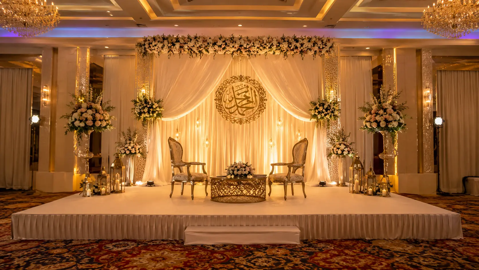 Decorated engagement party stage with floral backdrop and warm lighting at a banquet hall in Mississauga.